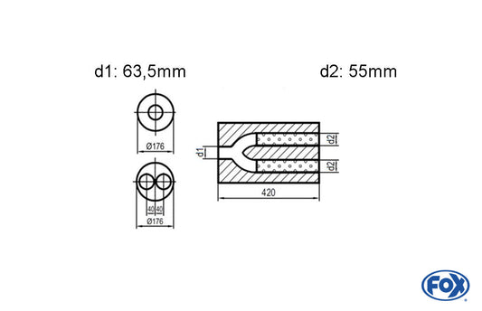 FOX Uni-Schalldämpfer rund zweiflutig mit Hose- Abwicklung 556 Ø176mm, d1Ø 63,5mm außen, d2Ø 55mm außen, Länge: 420mm -Ø176mm