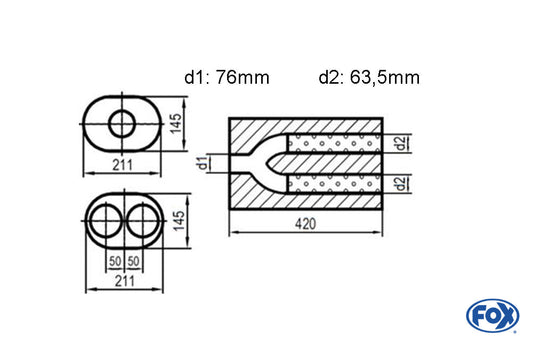 FOX Uni-Schalldämpfer oval zweiflutig mit Hose - Abwicklung 585 211x145mm, d1Ø 70mm  d2Ø 63,5mm, Länge: 420mm