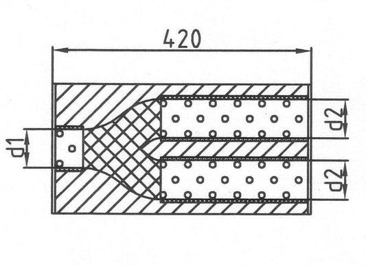 FOX Uni-Schalldämpfer oval zweiflutig mit Hose - Abwicklung 525 204x117mm, d1Ø 76mm  d2Ø 63,5mm, Länge: 420mm