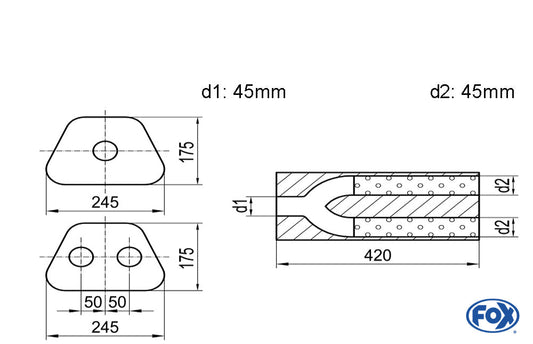 FOX Uni-Schalldämpfer trapezoid zweiflutig mit Hose - Abw. 711 245x175mm, d1Ø 45mm außen/ d2Ø 2x40mm außen - Länge: 420mm