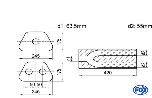 FOX Uni-Schalldämpfer trapezoid zweiflutig mit Hose - Abw. 711 245x175mm, d1Ø 63,5mm außen/ d2Ø 2x55mm außen - Länge: 420mm