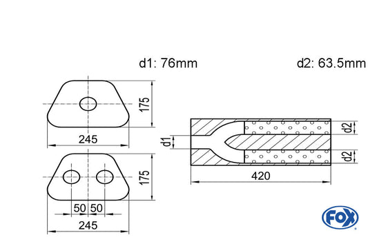 FOX Uni-Schalldämpfer trapezoid zweiflutig mit Hose - Abw. 711 245x175mm, d1Ø 76mm  d2Ø 63,5mm, Länge: 420mm