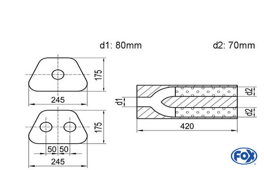 FOX Uni-Schalldämpfer trapezoid zweiflutig mit Hose - Abw. 711 245x175mm, d1Ø 80mm  d2Ø 70mm, Länge: 420mm