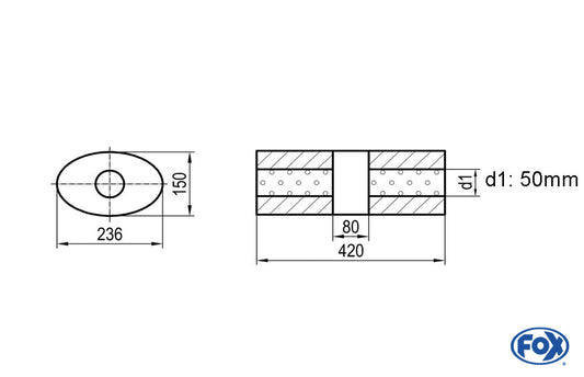 FOX Uni-Schalldämpfer oval ohne Stutzen mit Kammer - Abw. 618 236x150mm, d1Ø 50mm, Länge: 420mm