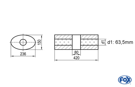 FOX Uni-Schalldämpfer oval ohne Stutzen mit Kammer - Abw. 618 236x150mm, d1Ø 63,5mm, Länge: 420mm