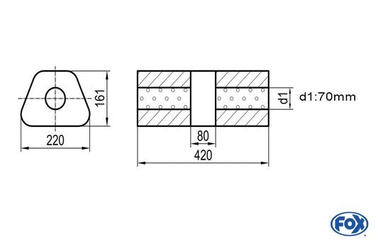 FOX Uni-Schalldämpfer trapez ohne Stutzen mit Kammer - Abw. 644 220x161mm, d1Ø 70mm, Länge: 420mm