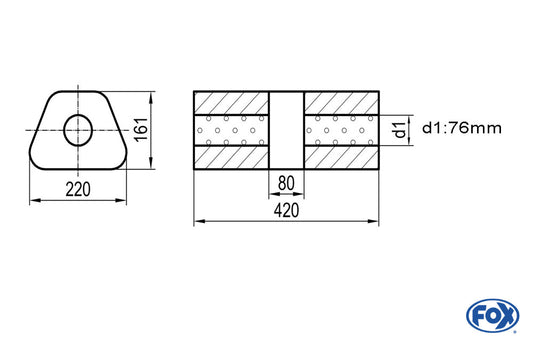 FOX Uni-Schalldämpfer trapez ohne Stutzen mit Kammer - Abw. 644 220x161mm, d1Ø 76mm, Länge: 420mm