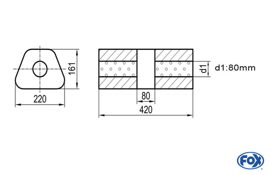 FOX Uni-Schalldämpfer trapez ohne Stutzen mit Kammer - Abw. 644 220x161mm, d1Ø 80mm, Länge: 420mm