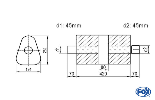 FOX Uni-Schalldämpfer dreieck mit Kammer + Stutzen - Abw. 725 191x252mm, d1Ø 45mm (außen), d2Ø 45mm (innen), Länge: 420mm