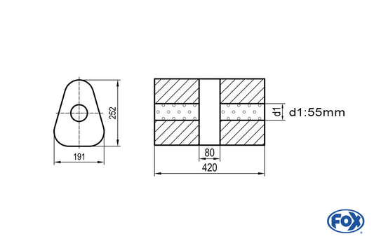 FOX Uni-Schalldämpfer dreieck ohne Stutzen mit Kammer - Abw. 725 191x252mm, d1Ø 55mm, Länge: 420mm