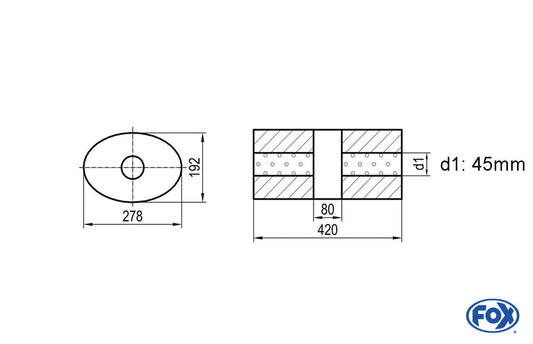FOX Uni-Schalldämpfer oval ohne Stutzen mit Kammer - Abw. 754 278x192mm, d1Ø 45mm, Länge: 420mm