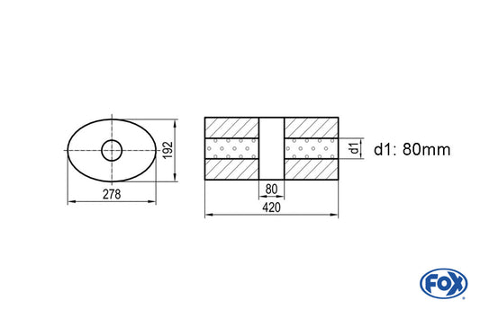 FOX Uni-Schalldämpfer oval ohne Stutzen mit Kammer - Abw. 754 278x192mm, d1Ø 80mm, Länge: 420mm