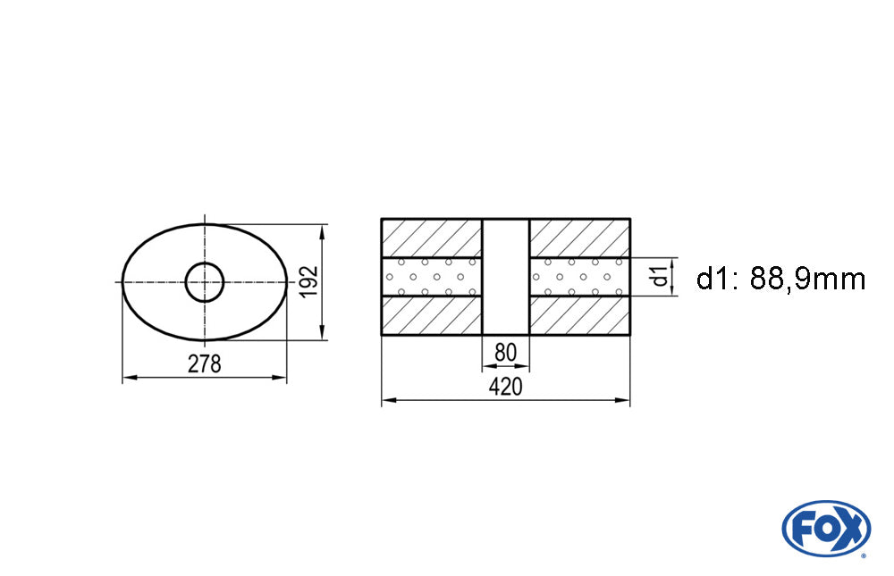 FOX Uni-Schalldämpfer oval ohne Stutzen mit Kammer - Abw. 754 278x192mm, d1Ø 88,9mm, Länge: 420mm