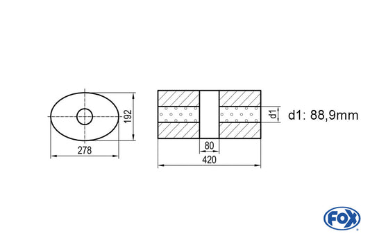 FOX Uni-Schalldämpfer oval ohne Stutzen mit Kammer - Abw. 754 278x192mm, d1Ø 88,9mm, Länge: 420mm