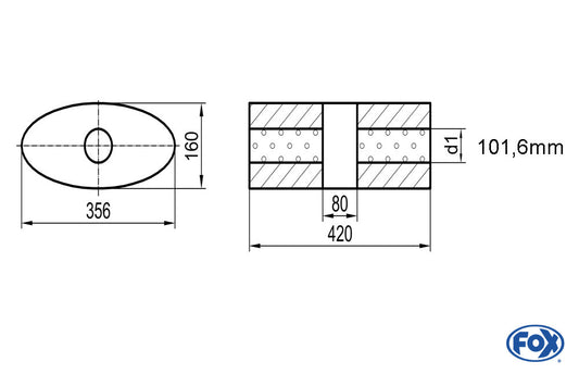 FOX Uni-Schalldämpfer oval ohne Stutzen mit Kammer - Abw. 818 356x160mm, d1Ø 101,6mm, Länge: 420mm