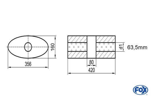 FOX Uni-Schalldämpfer oval ohne Stutzen mit Kammer - Abw. 818 356x160mm, d1Ø 63,5mm, Länge: 420mm