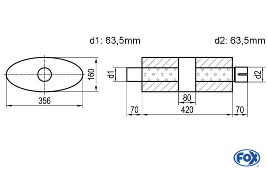 FOX Uni-Schalldämpfer oval mit Kammer + Stutzen - Abw. 818 356x160mm, d1Ø 63,5mm (außen), d2Ø 63,5mm (innen), Länge: 420mm
