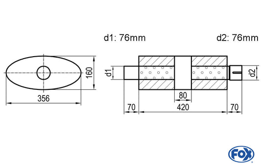 FOX Uni-Schalldämpfer oval mit Kammer + Stutzen - Abw. 818 356x160mm, d1Ø 76mm (außen), d2Ø 76mm (innen), Länge: 420mm
