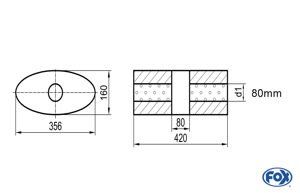 FOX Uni-Schalldämpfer oval ohne Stutzen mit Kammer - Abw. 818 356x160mm, d1Ø 80mm, Länge: 420mm