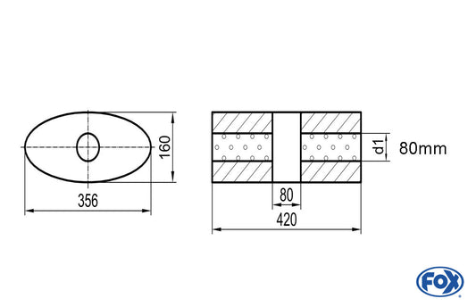 FOX Uni-Schalldämpfer oval ohne Stutzen mit Kammer - Abw. 818 356x160mm, d1Ø 80mm, Länge: 420mm