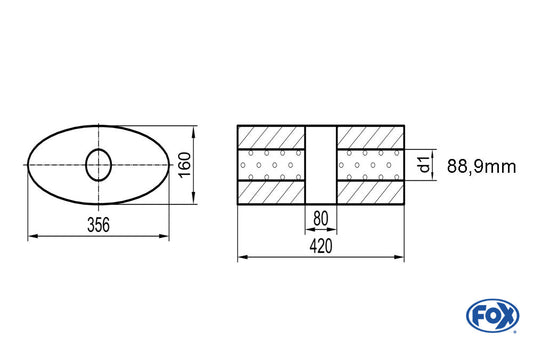 FOX Uni-Schalldämpfer oval ohne Stutzen mit Kammer - Abw. 818 356x160mm, d1Ø 88,9mm, Länge: 420mm