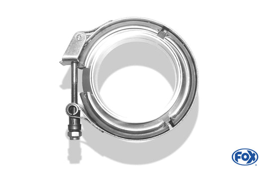 FOX V-Bandschelle Ø102mm - Set Dieses Set besteht aus:  2x CNC gedrehte Edelstahl V-Band Flansche (männlich & weiblich) mit Nut für 102mm Rohre  1x V-Band Schelle mit Schnellverschluss aus Edelstahl inkl. Spezialmutter