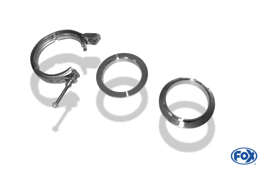 FOX V-Bandschelle Ø51mm - Set Dieses Set besteht aus:  2x CNC gedrehte Edelstahl V-Band Flansche (männlich & weiblich) mit Nut für 50mm Rohre  1x V-Band Schelle mit Schnellverschluss aus Edelstahl inkl. Spezialmutter